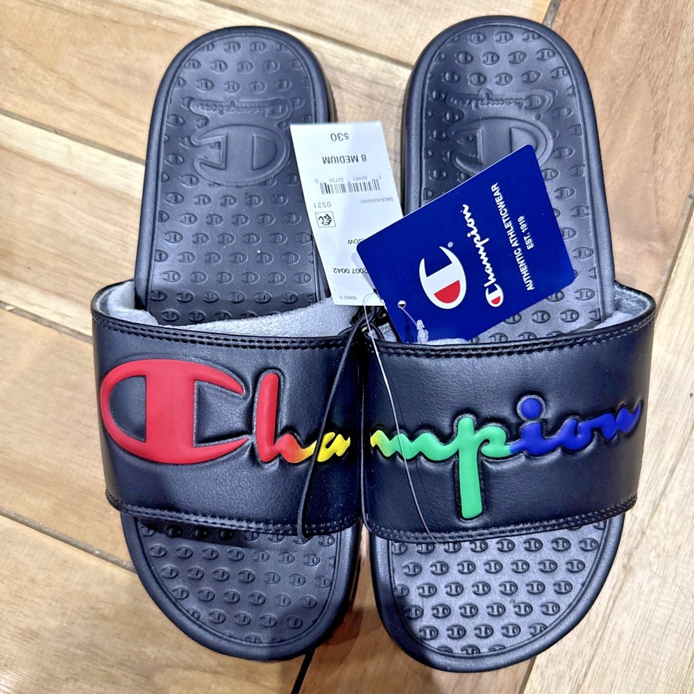 Champion Super Slide Split Script Women's Slide Sandals Black Rainbow Size 8 NWT